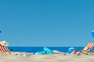 Summer beach panorama with umbrellas and vacation objects, a Holiday Photo by RF Images