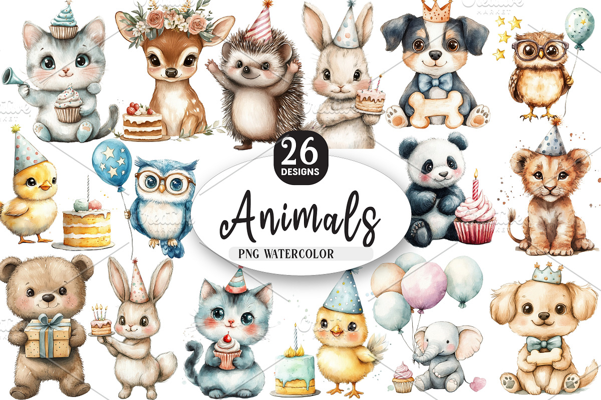 Birthday Baby Animal Clipart png, an Illustration by Watercolor design (Photo 1 of 4)