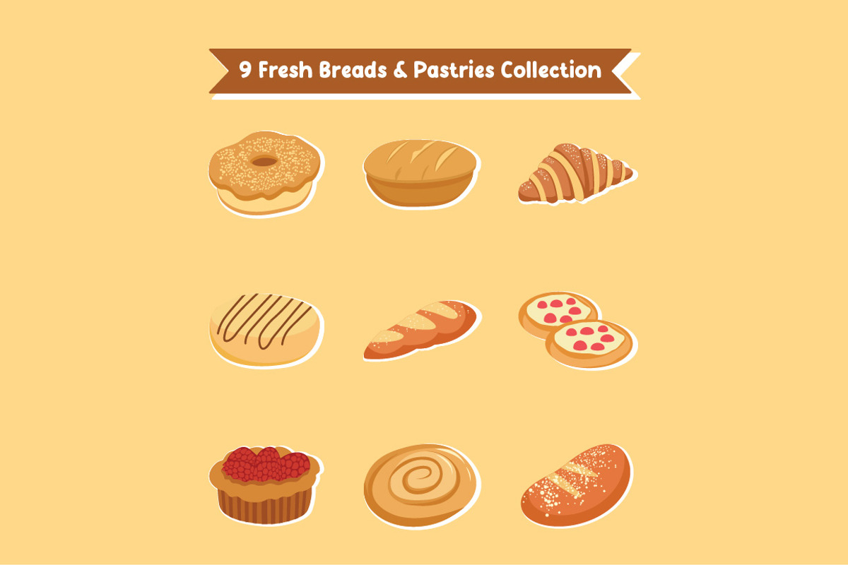 9 Fresh Breads & Pastries Collection, a Food Illustration by jongcreative (Photo 1 of 4)