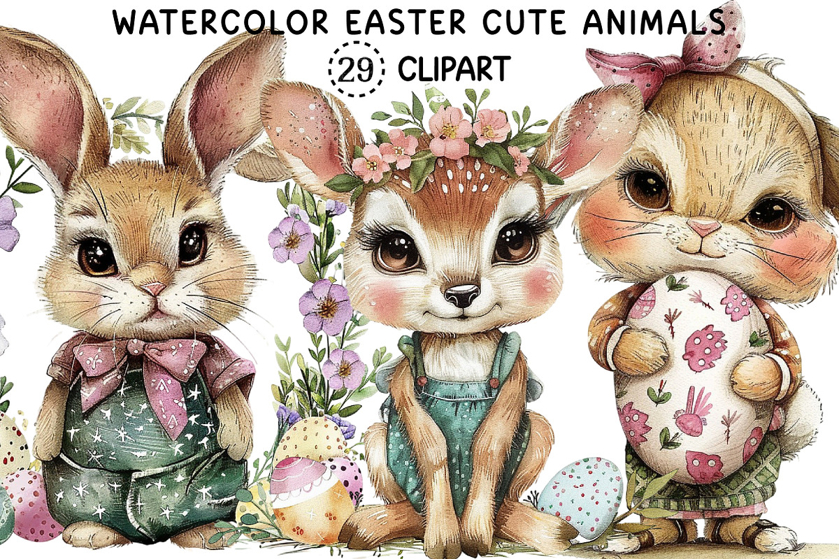 Watercolor Easter Cute Animals Png, an Illustration by Creative Art (Photo 1 of 8)