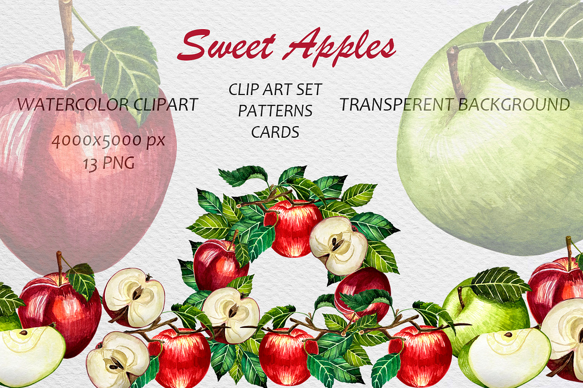 Watercolor Apple Clipart Pattern Set, a Food Illustration by Fresh art by Larysa (Photo 1 of 10)