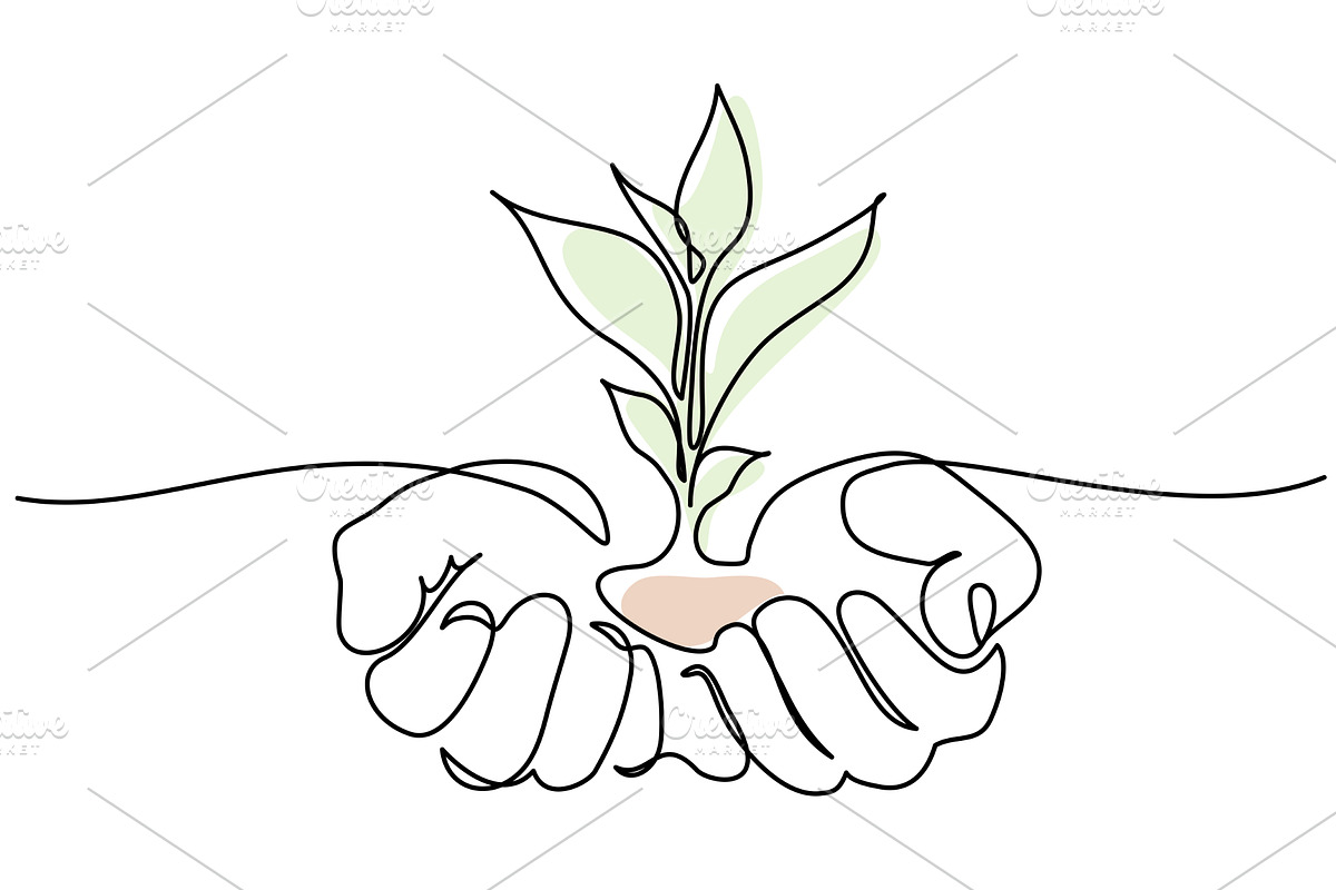 Hands keep sprout of plant, an Outline Icon by Valenty