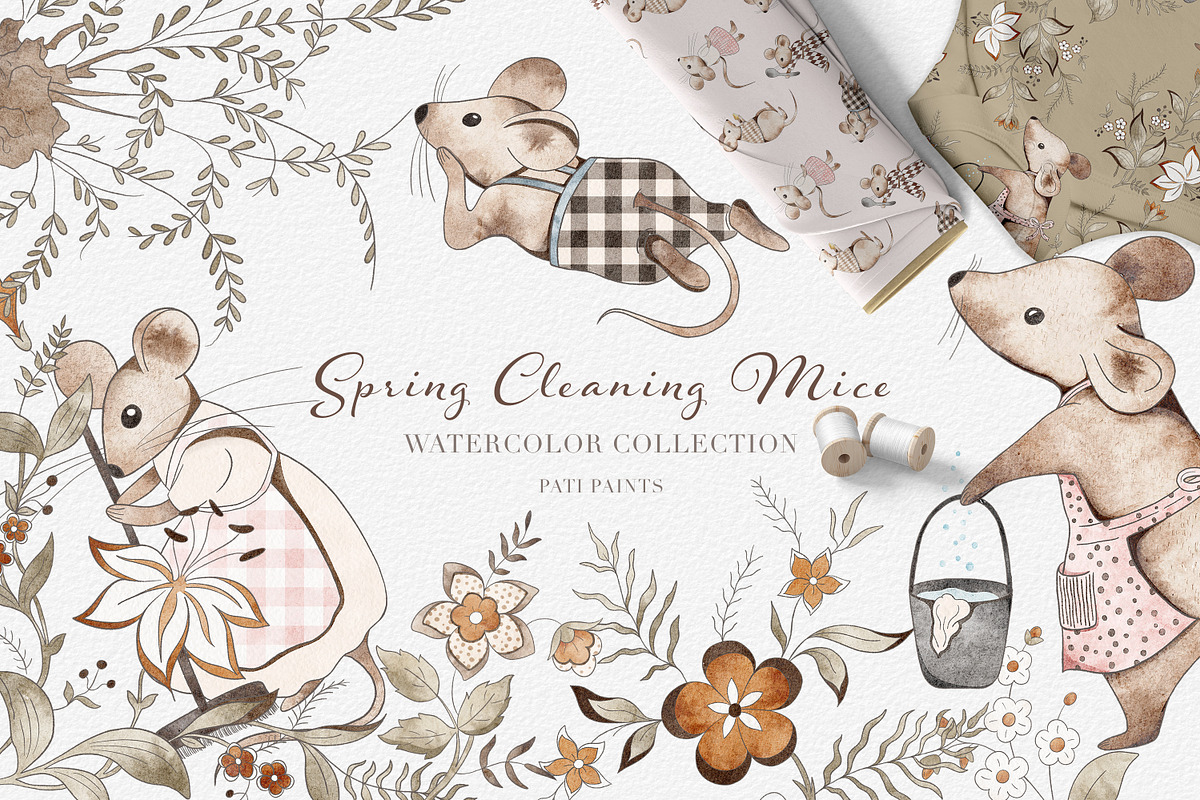 Watercolor Spring Cleaning Mice, an Animal Illustration by Pati Paints (Photo 1 of 13)