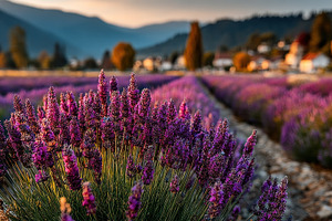Lavender fields in full bloom at sunset with mountain backdrop a, a Nature Photo by José Manuel Gelpi