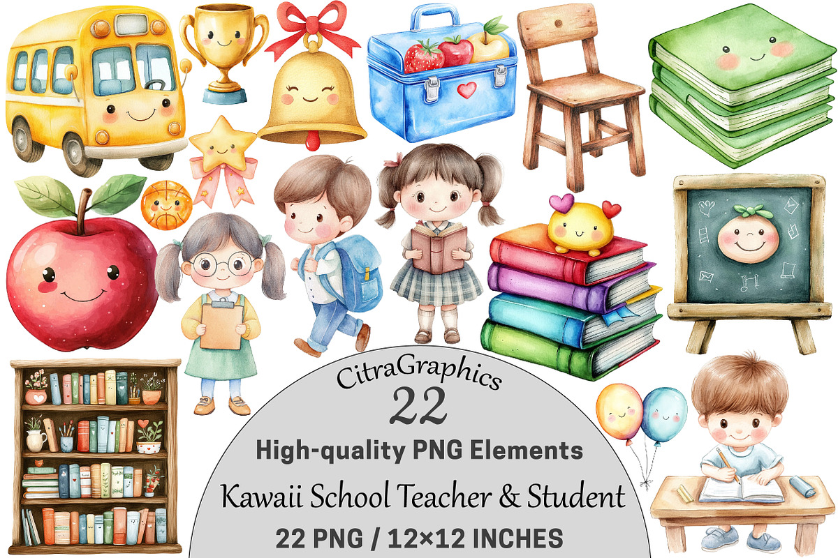 Kawaii School Teacher & Student, a Seasonal Illustration by CitraGraphics (Photo 1 of 4)