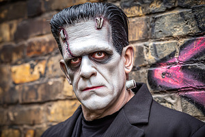 Halloween celebration features a man dressed as a classic monster in an urban s, a Photo by AlyaAnd