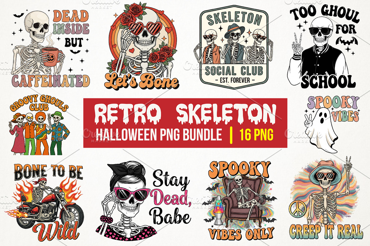Retro Skeleton Halloween PNG Bundle, an Illustration by RobertsArt