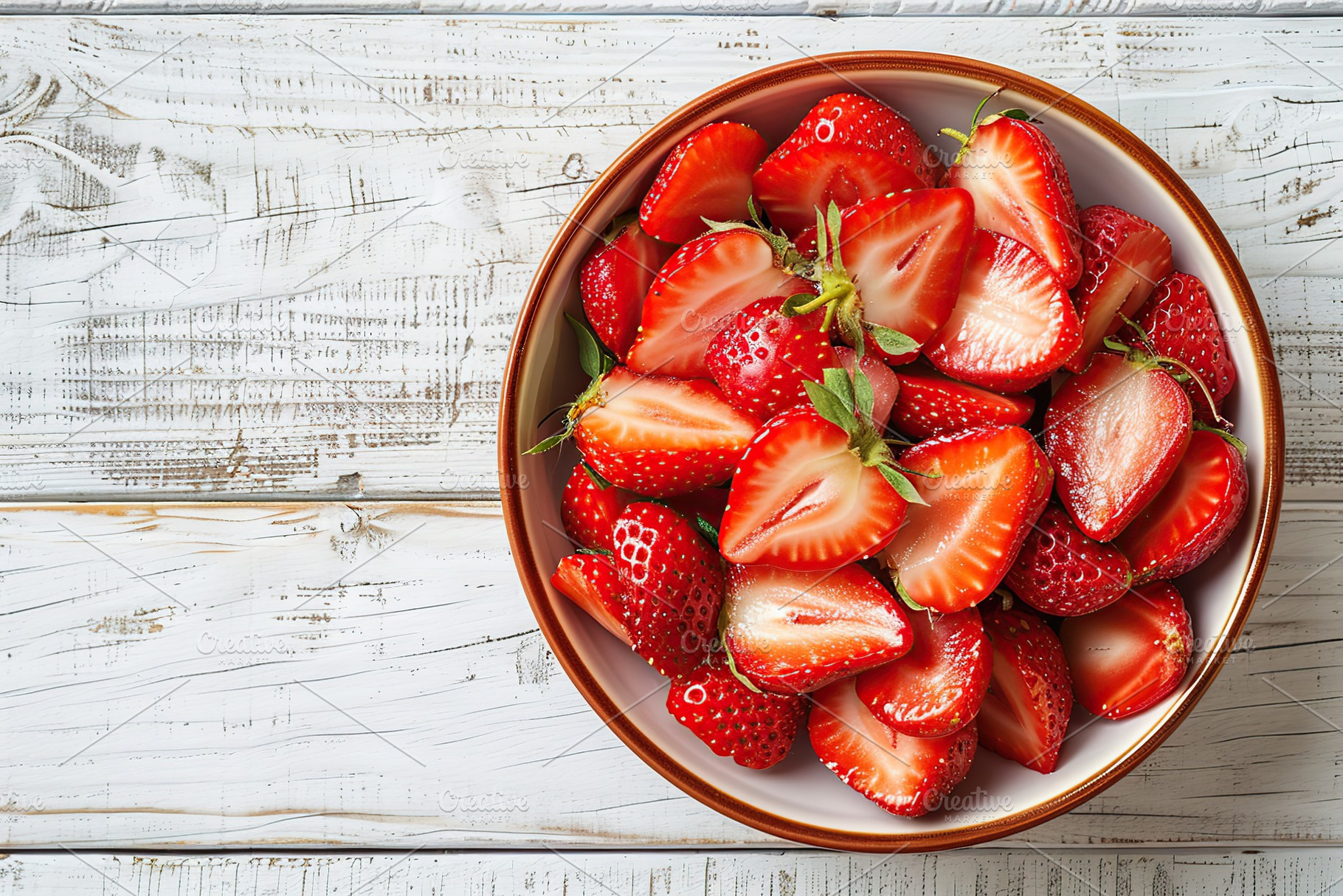 Pieces of strawberries in bowl on wooden table, a Food & Drink Photo by AlyaAnd