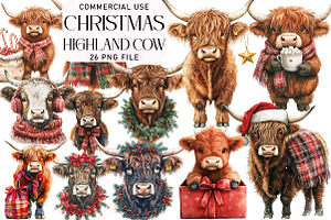 Christmas Highland Cow Clipart, an Illustration by Daily.Designs