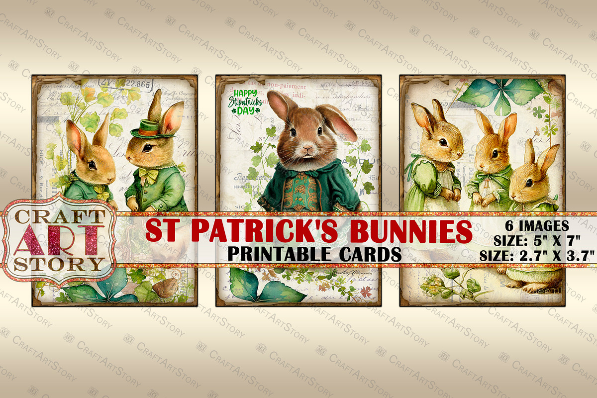 Vintage St Patrick's Day bunnies, an Animal Illustration by CraftArtStory (Photo 3 of 3)
