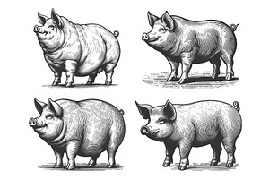Farm Pig engraving set vector, an Animal Illustration by AlexArt
