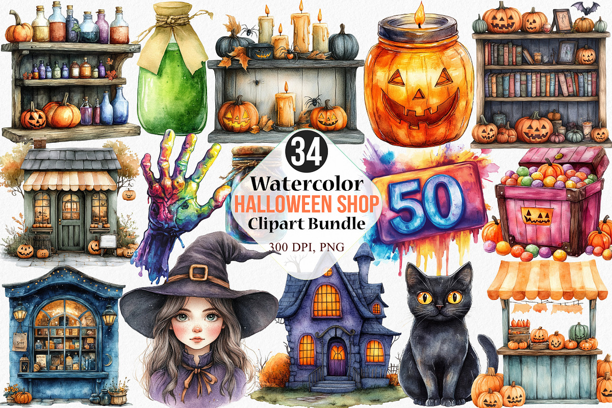 Watercolor Halloween Shop Clipart, an Illustration by Canvas Craft (Photo 1 of 8)