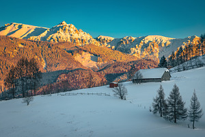 Winter scenery with snowy mountains, an Architecture Photo by Alpine Dreams