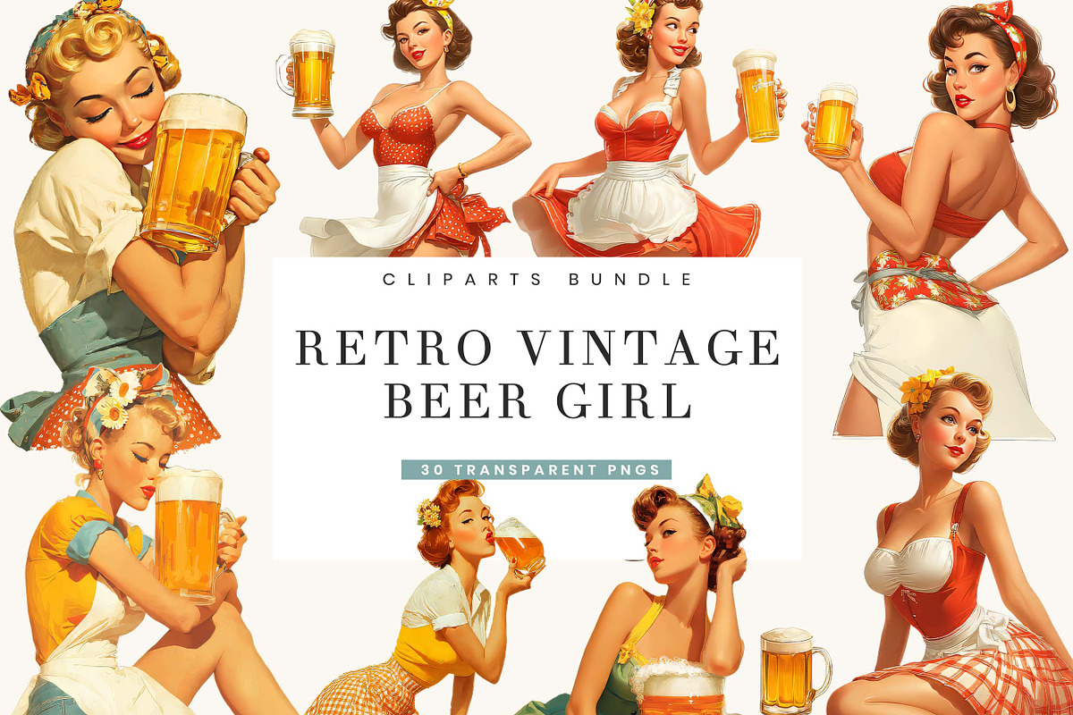 Retro Vintage Beer Girl Clipart, a Person Illustration by BusyDaydesign (Photo 1 of 9)