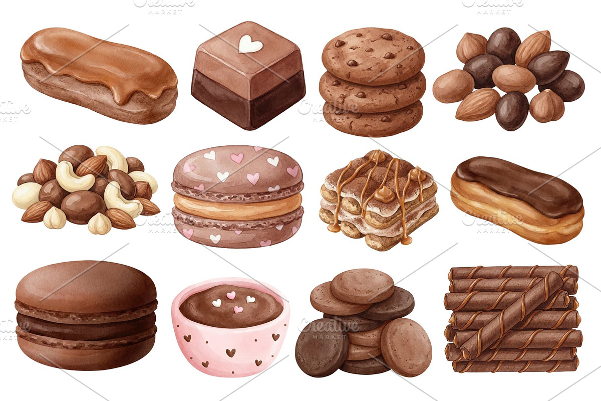 Watercolor Chocolate Dessert Clipart, a Food Illustration by Stellalunarts (Photo 10 of 14)