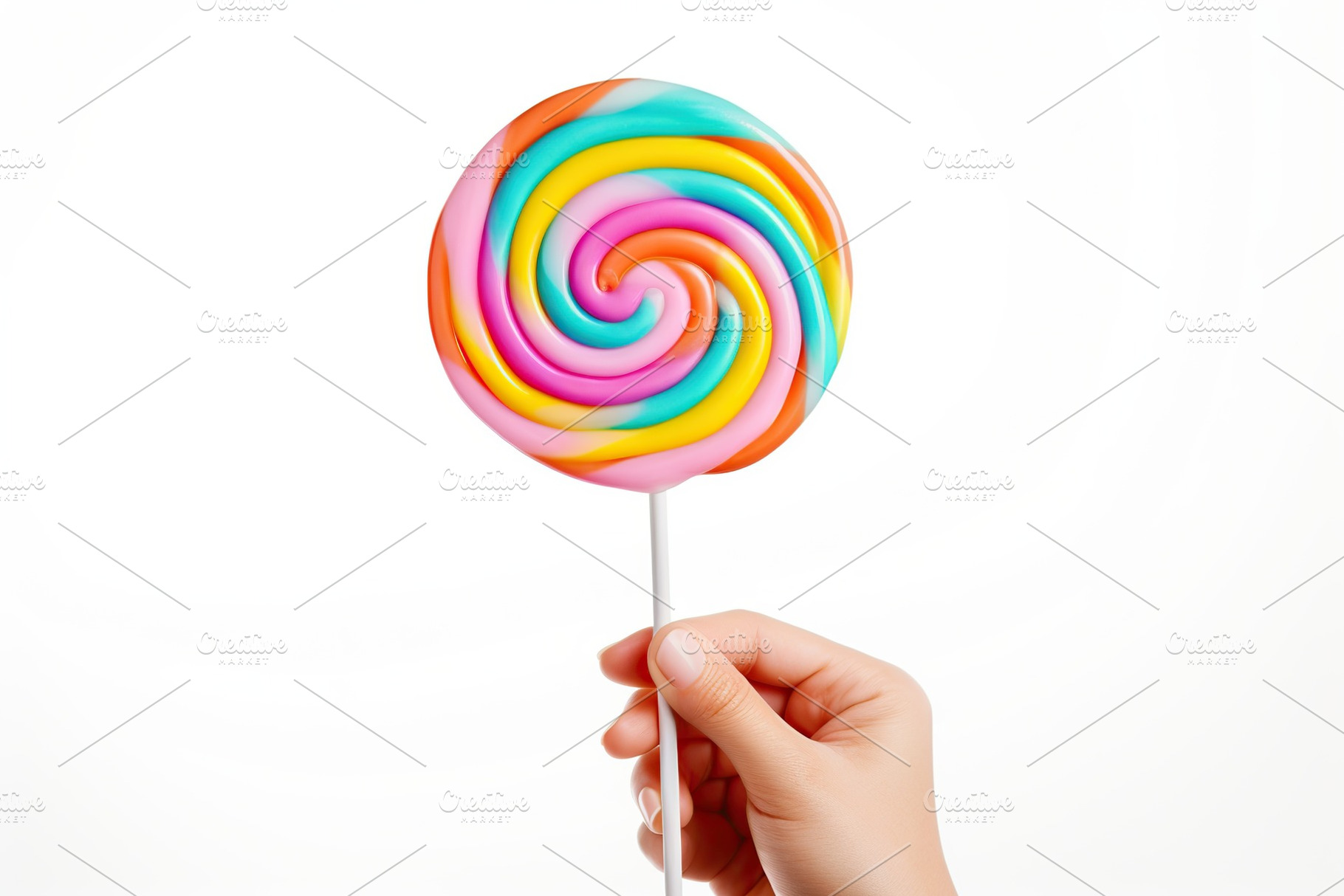 Colorful rainbow lollipop in female hand on white background, a Food & Drink Photo by AlyaAnd