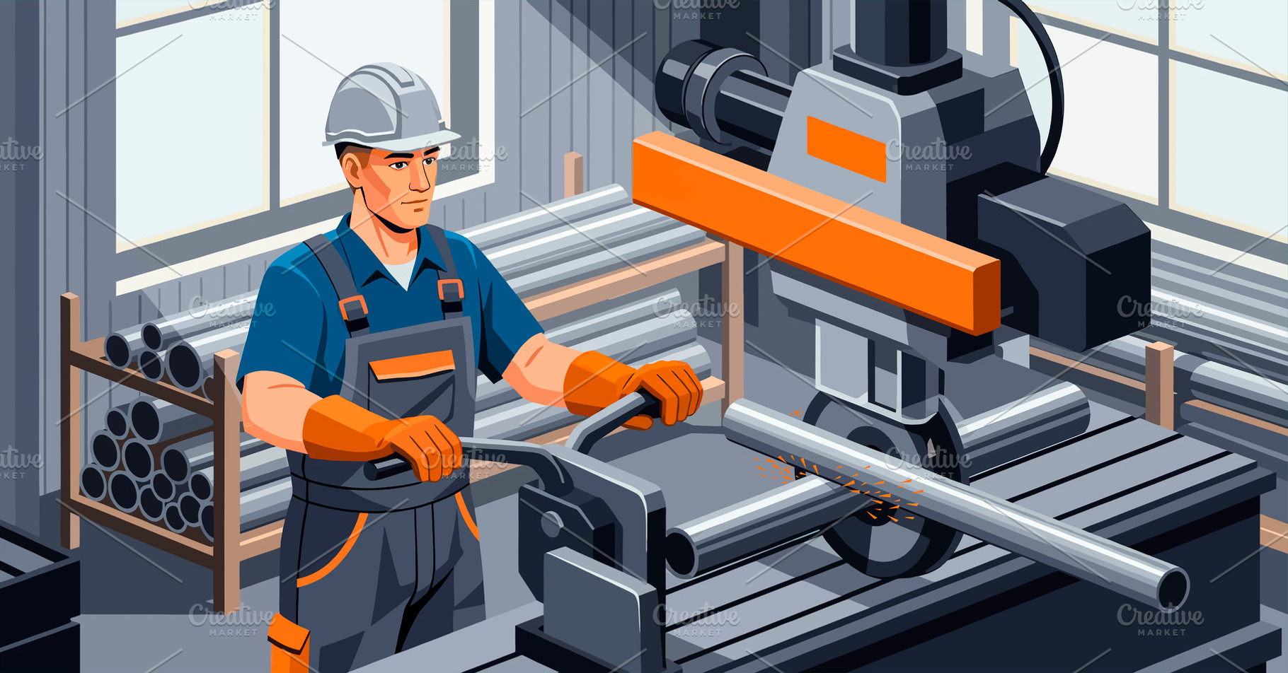 Metalworker using a pipe cutting mac, a Photo by angellodeco