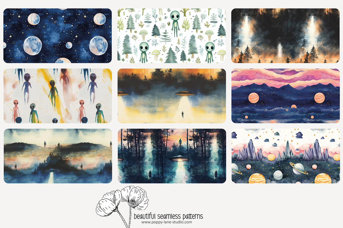 80 watercolour UFO seamless pattern, a Pattern Graphic by Poppy Lane Studio (Photo 10 of 11)