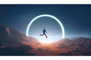 Astronaut jumping through a glowing, a Background Photo by Igor Tichonow
