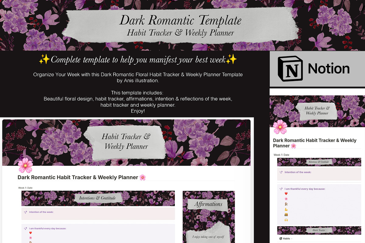 Dark Habit Tracker Weekly Planner, a Design Template by Anis Illustration (Photo 1 of 8)