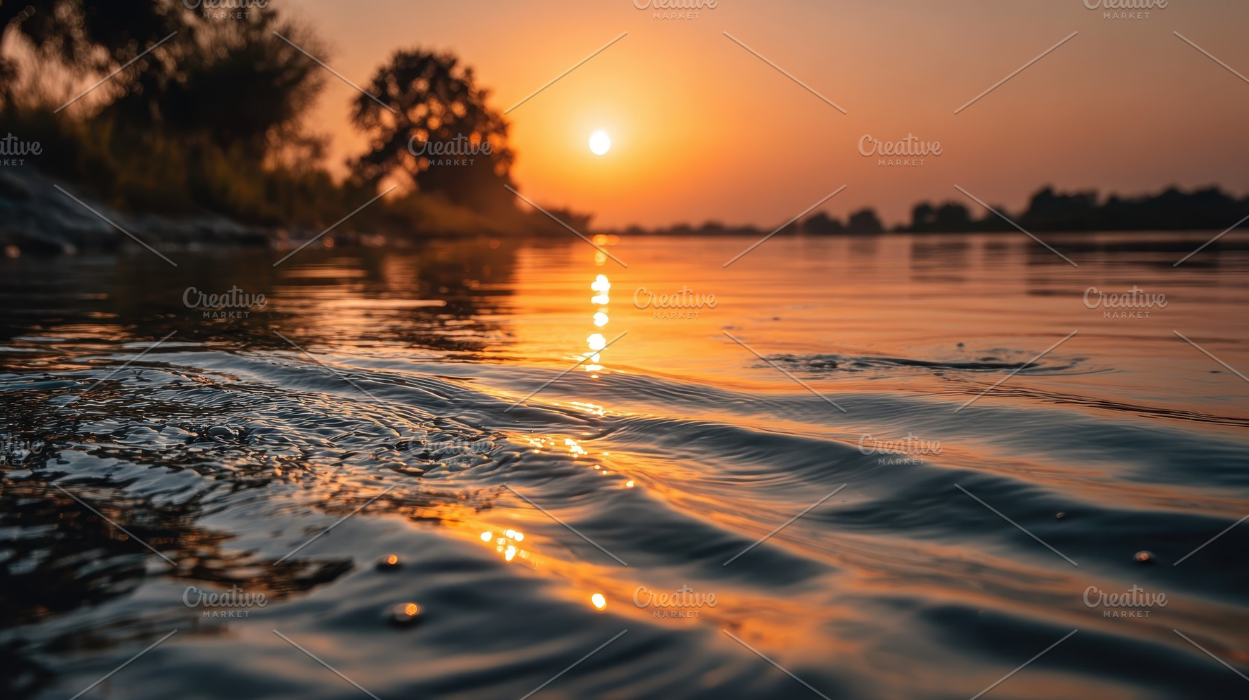 Golden sunset reflected on calm rive, a Photo by Pixeness Studio