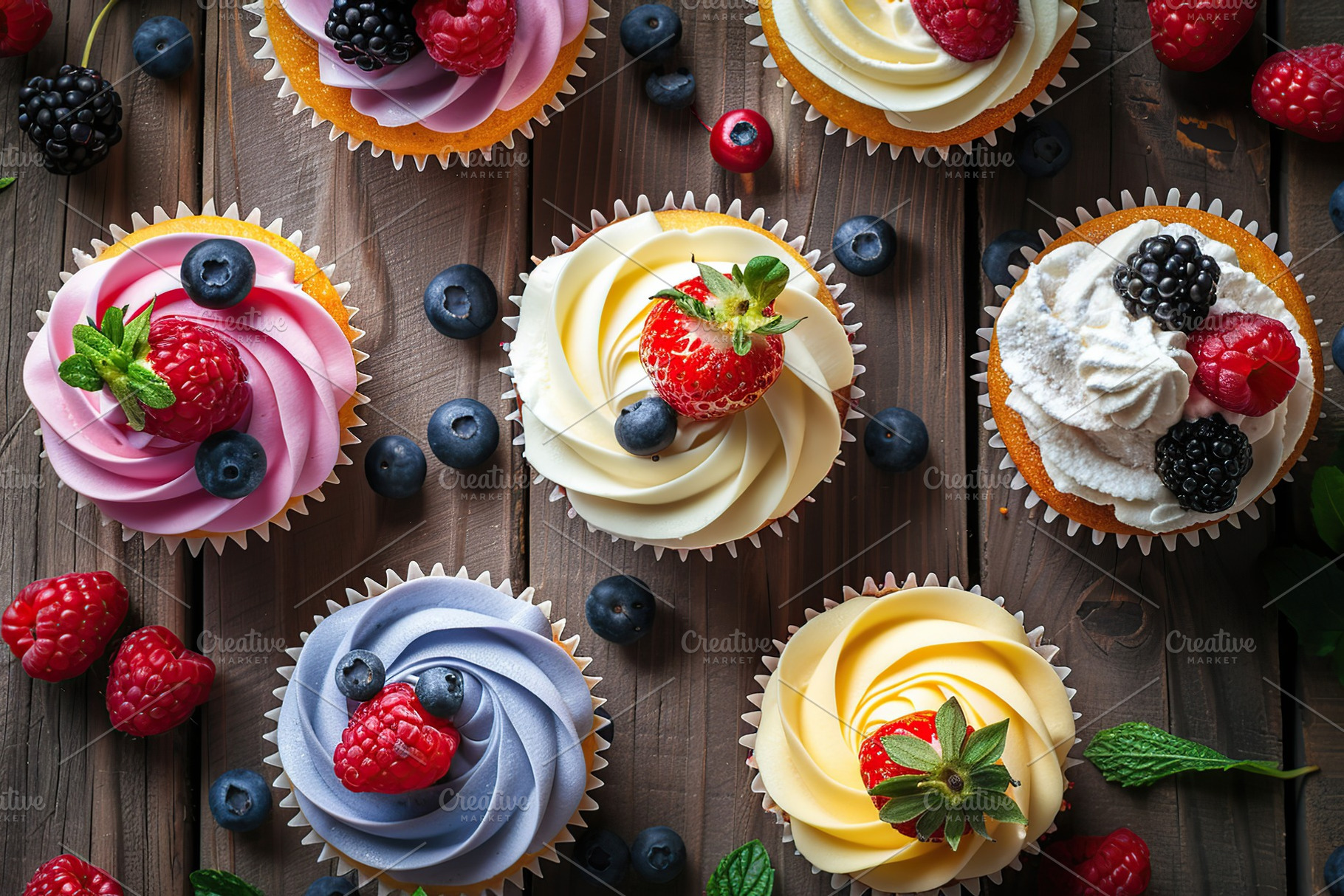 Flat lay of tasty cupcakes with butter cream and ripe berries on wooden table, a Food & Drink Photo by AlyaAnd