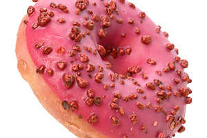Pink glazed donut with crunchy berry sprinkles on an isolated ba, a Food & Drink Photo by ndanko