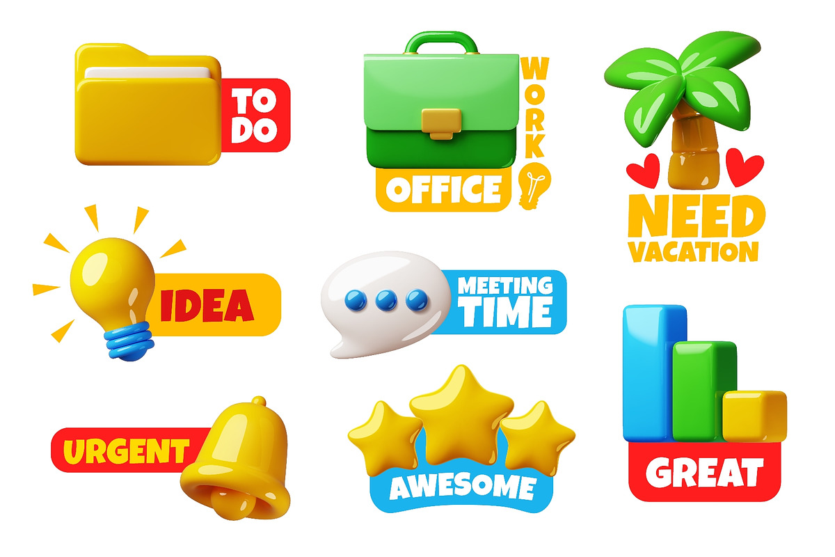 Labels with 3d elements. Office work, an Object Illustration by YummyBuum (Photo 2 of 3)