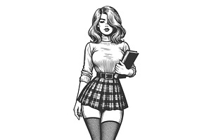 Girl in Plaid Skirt Holding Book, a Person Illustration by AlexArt