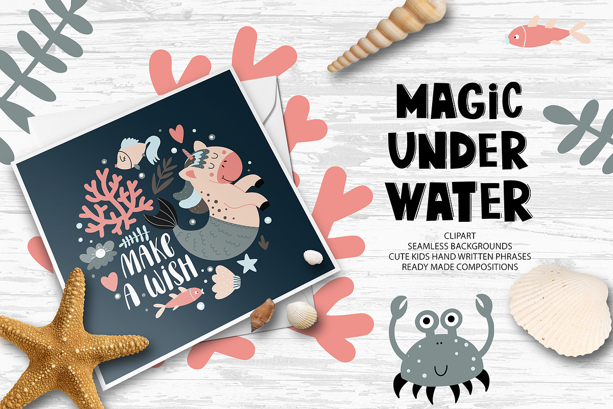 Mermaid-unicorn clipart and patterns, an Animal Illustration by rosypatterns (Photo 1 of 8)