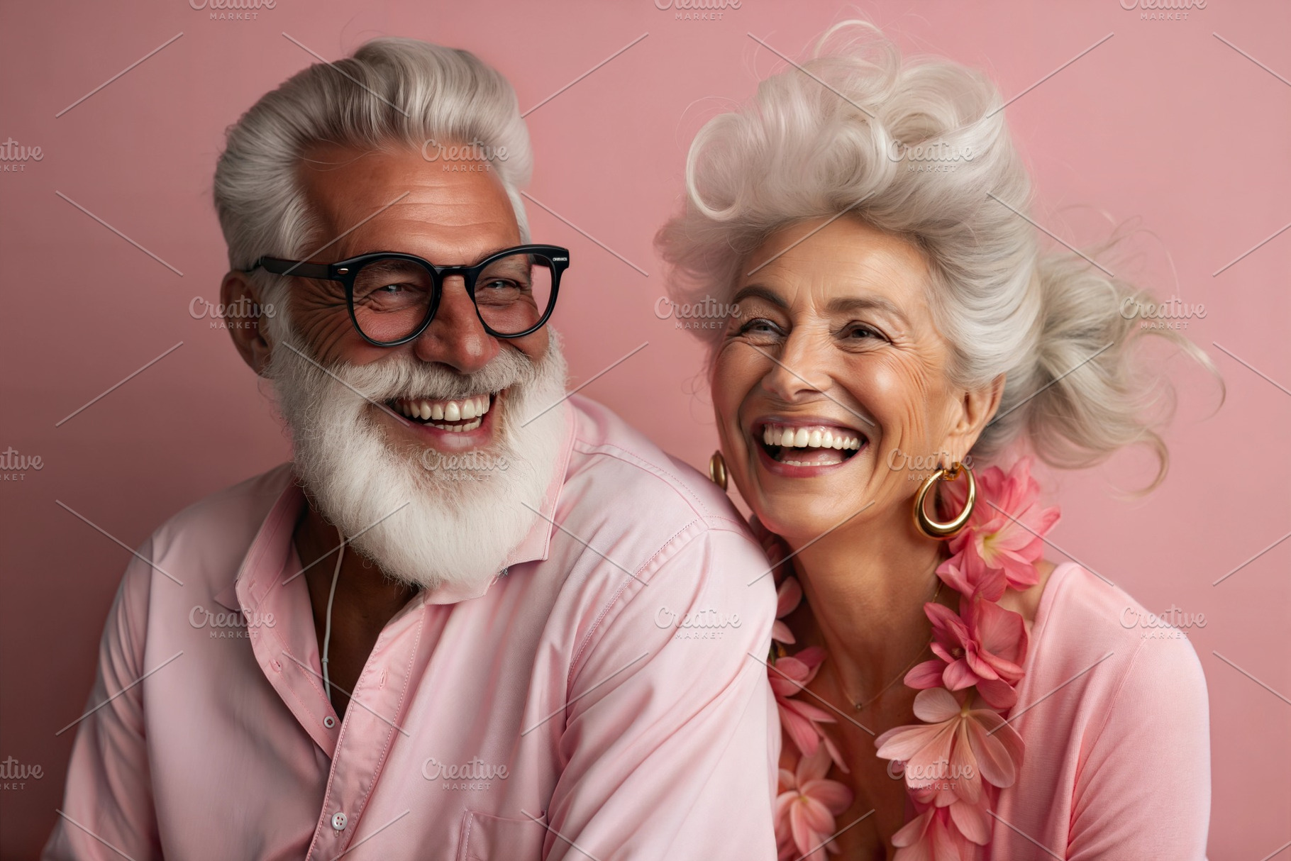 Happy elderly couple smiling in pink outfits on a pink background., a Person Photo by ImageMir