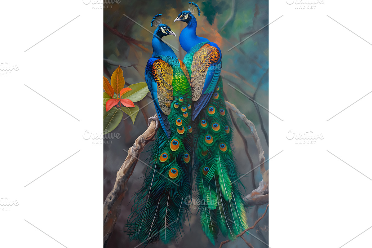 Peacock Pair with Lush Tail Art, an Animal Illustration by Art Paradise Studios