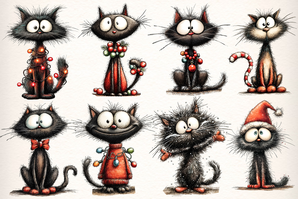Quirky Christmas Black Cat Clipart, an Illustration by Dream Creation (Photo 2 of 7)