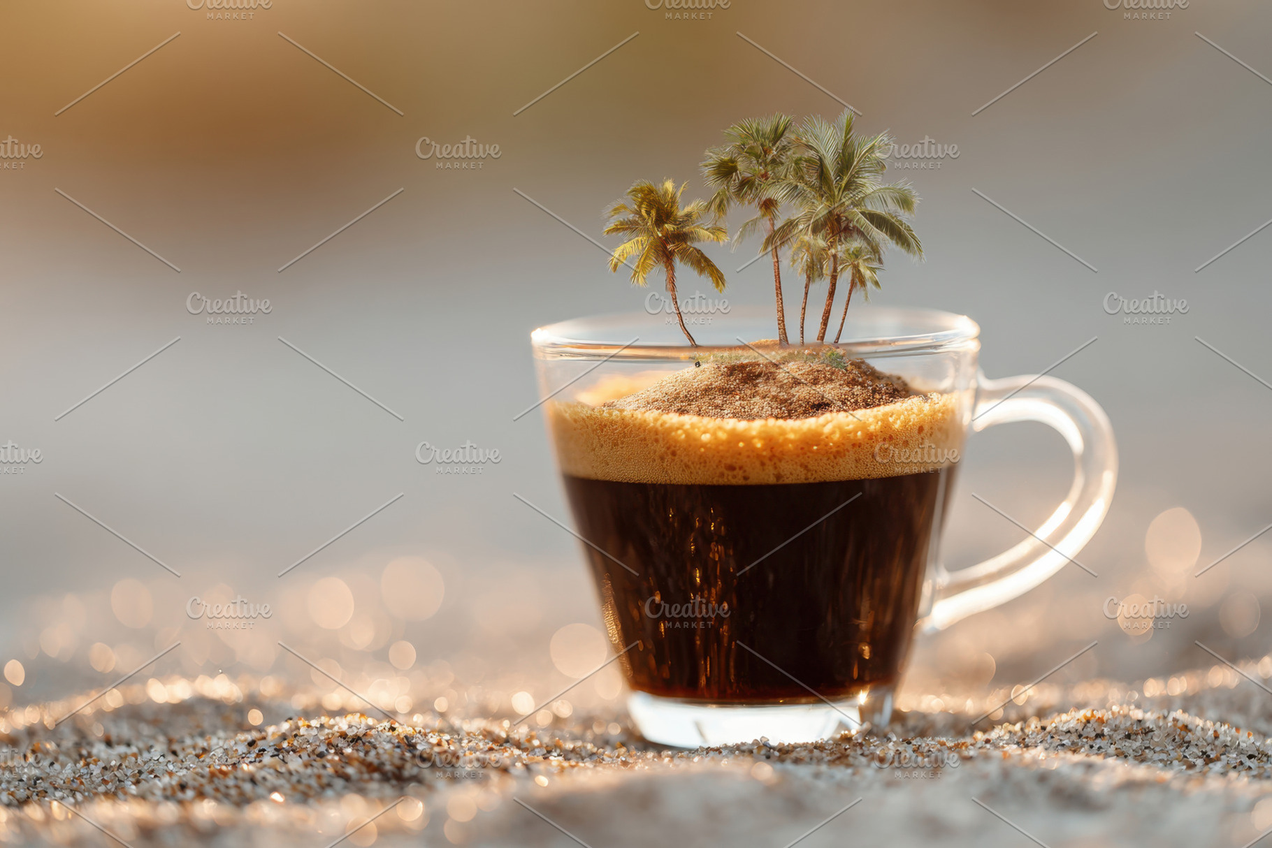 Tropical coffee cup with palm trees on sandy beach, a Nature Photo by AlyaAnd