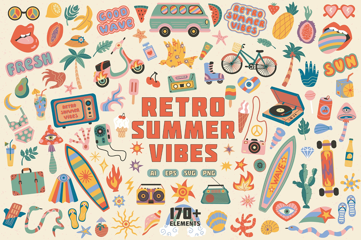 Retro Summer Vibes Clipart Pack, an Object Illustration by IRSYART (Photo 1 of 15)