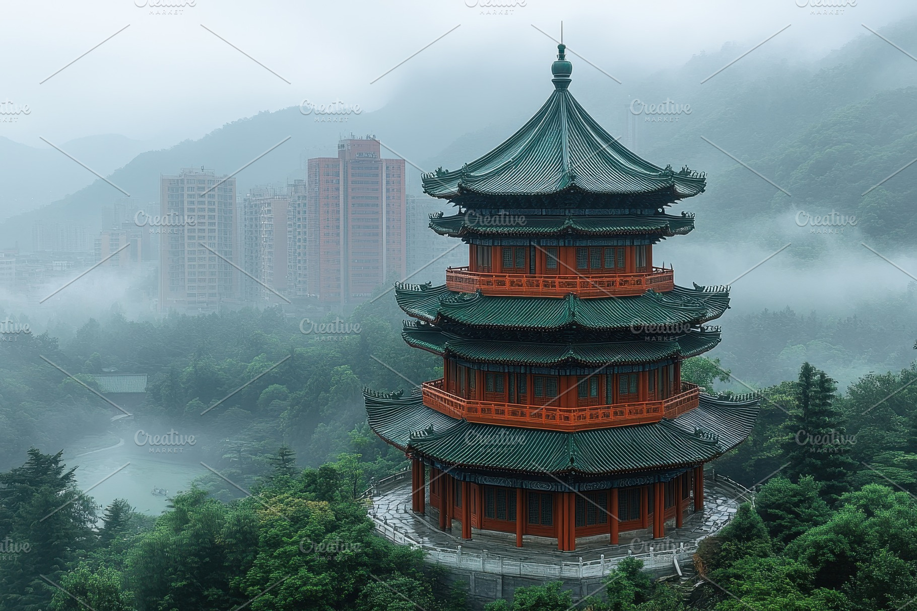 Historic pagoda stands amidst misty, a Photo by Tanuart