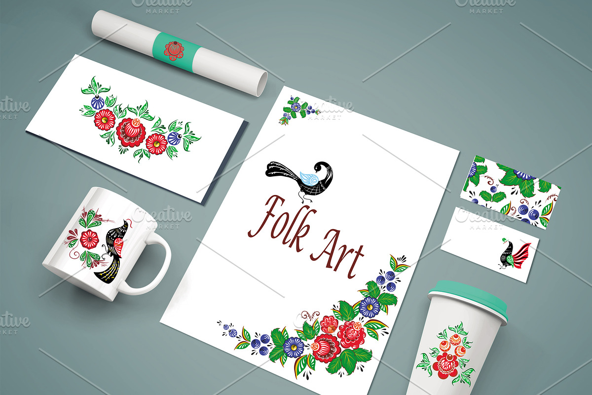 Folk art magic birds in flowers, a Decorative Illustration by IPVector (Photo 2 of 4)