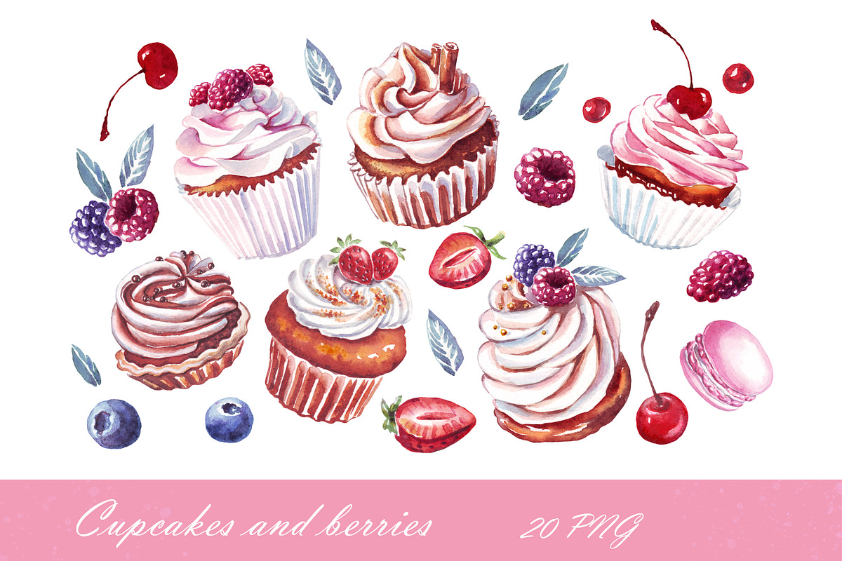 Watercolor cupcakes, berries, PNG, a Food Illustration by Alena Kurian (Photo 2 of 3)