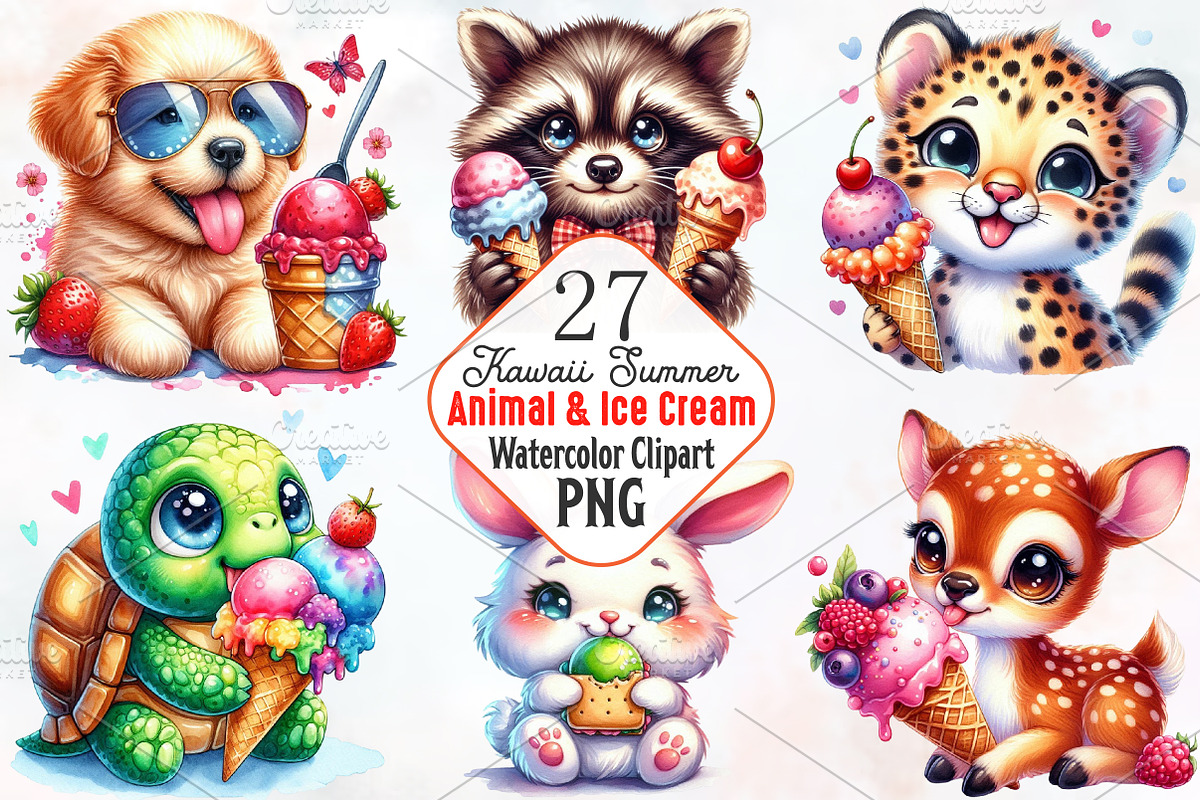 Kawaii Summer Animals & Ice Cream, an Illustration by RobertsArt (Photo 1 of 7)