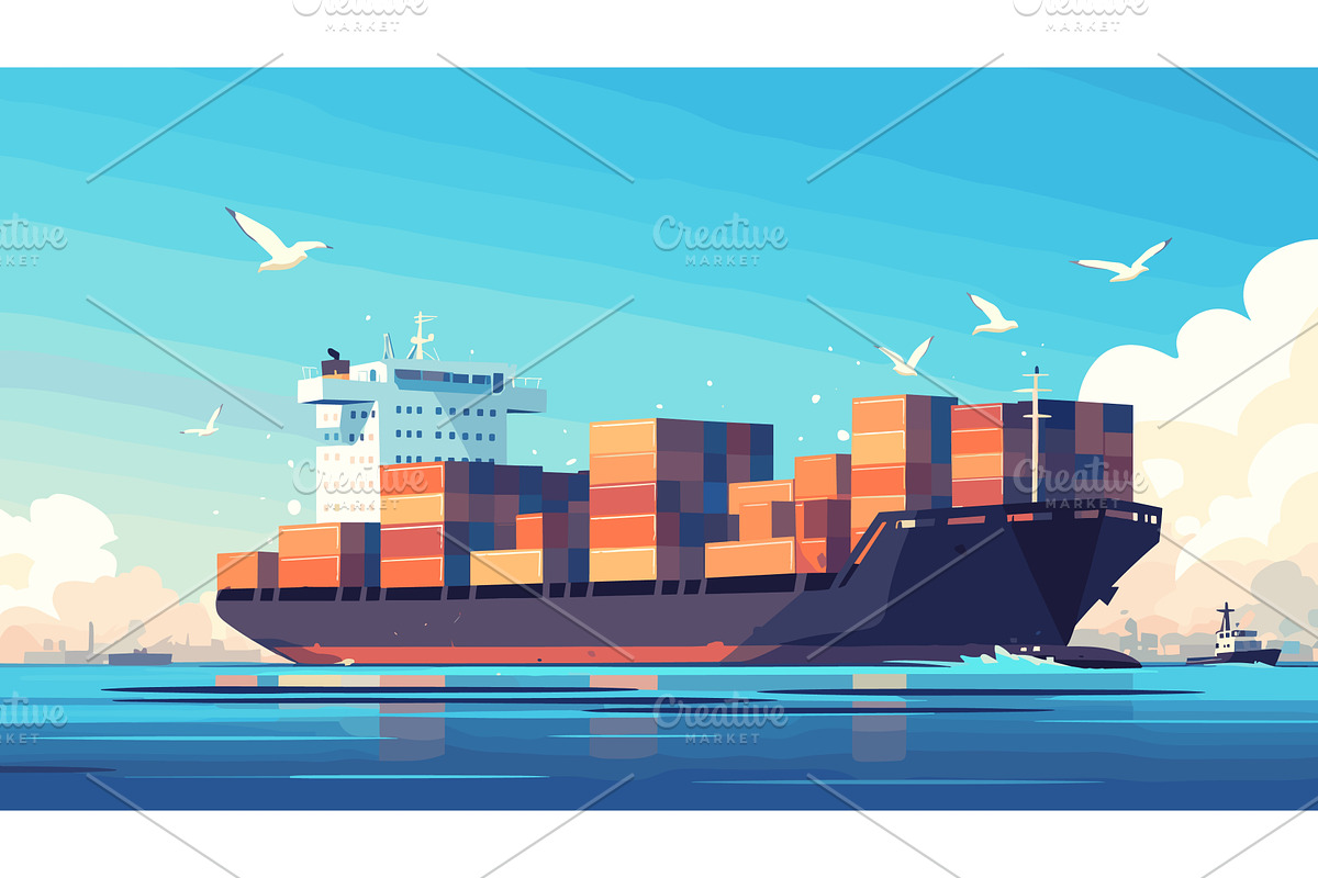 Freight ship in sea. Cargo boat with, a Transportation Illustration by Stock-Smart-Start