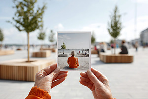 Young person holds mockup of a scene by the waterfront during a sunny day, a Photo by AlyaAnd