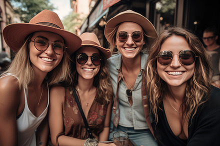 Smiling friends wearing hats and sun, a Person Photo by Perpis