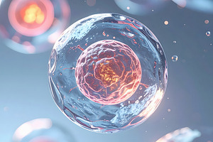 Human cell floating with glowing nucleus and soft membrane, a Health & Medical Photo by GoodGoods