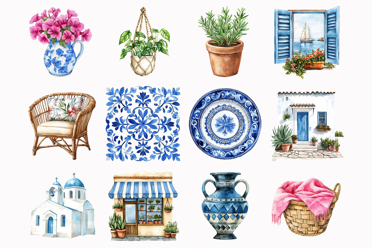 Watercolor Santorini Clipart, a Seasonal Illustration by Design Market (Photo 3 of 4)