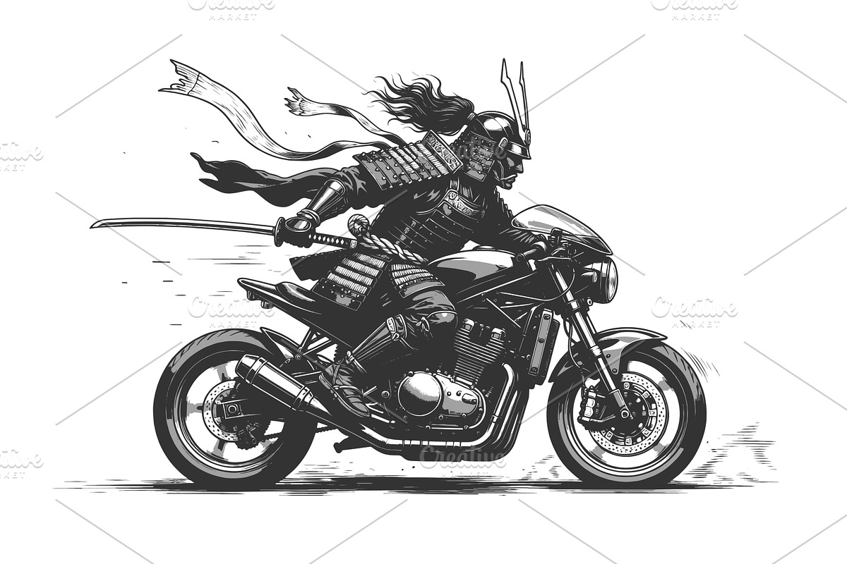 Samurai Riding Motorcycle with Sword, a Person Illustration by AlexArt
