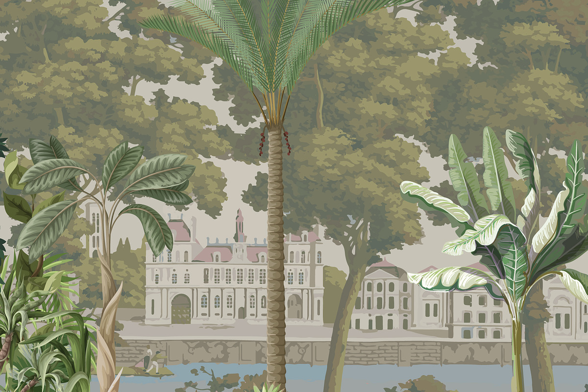 British Colonial Garden Scene, a Decorative Illustration by Mughal Wallpaper (Photo 4 of 4)
