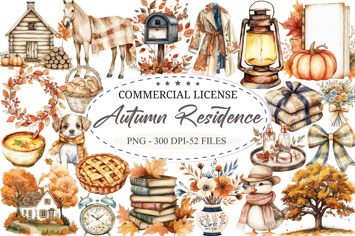 Watercolor Autumn Residence Clipart, a Seasonal Illustration by designcity5 (Photo 1 of 5)