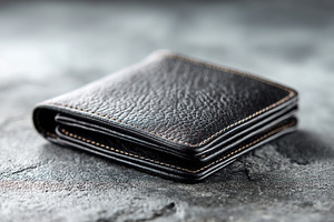 Stylish black leather wallet resting on a textured surface in soft lighting, a Photo by AlyaAnd