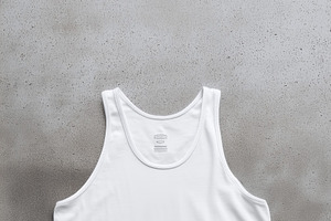 A plain white tank top mockup laid flat on a textured gray background, showcasi
