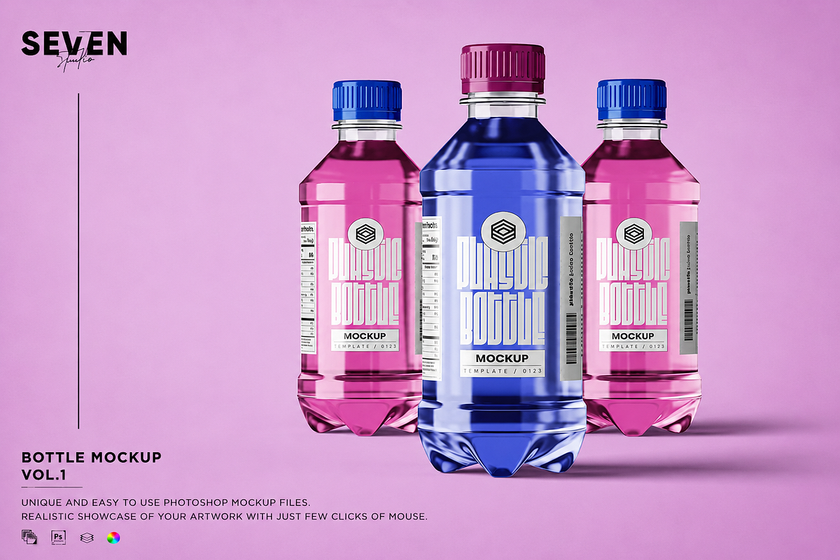 Set of Three Plastic Bottles Mockup, a Household Mockup by Se٧enStudio (Photo 1 of 2)